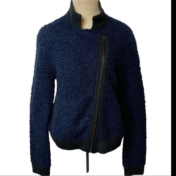 Rachel Roy Textured Wool Alpaca Blend Zip Front Jacket Navy Blue Charcoal Size L - Picture 1 of 10